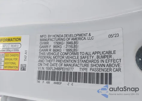 2023 Honda Civic Sport from USA, damaged, VIN 19XFL2H88PE016777